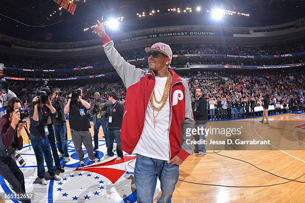 Allen Iverson, former Philadelphia 76er, is introduced on court before the game between the Charlotte Bobcats and the Philadelphia 76ers at the Wells...