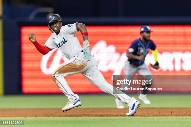 Jesús Sánchez of the Miami Marlins running to third base against the Tampa Bay Rays in the 5th inning at loanDepot park on August 30, 2023 in Miami,...