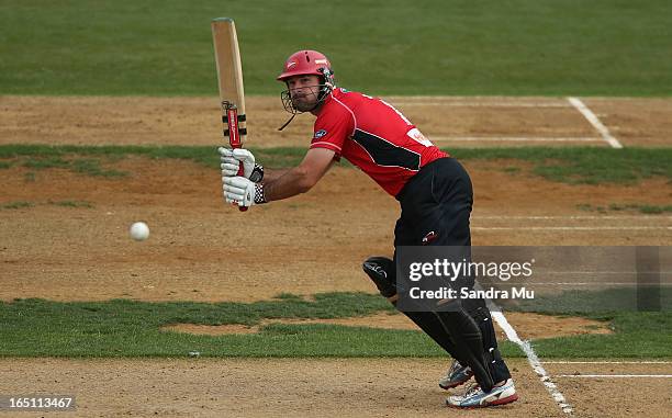 Shannon Stewart of Canterbury bats during the Ford Trophy Final match between Auckland and Canterbury at Eden Park on March 31, 2013 in Auckland, New...