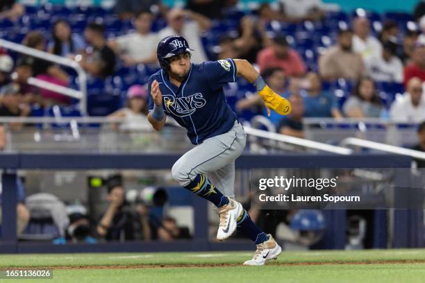 Jonathan Aranda of the Tampa Bay Rays runs home against the Miami Marlins in the 10th inning at loanDepot park on August 30, 2023 in Miami, Florida.