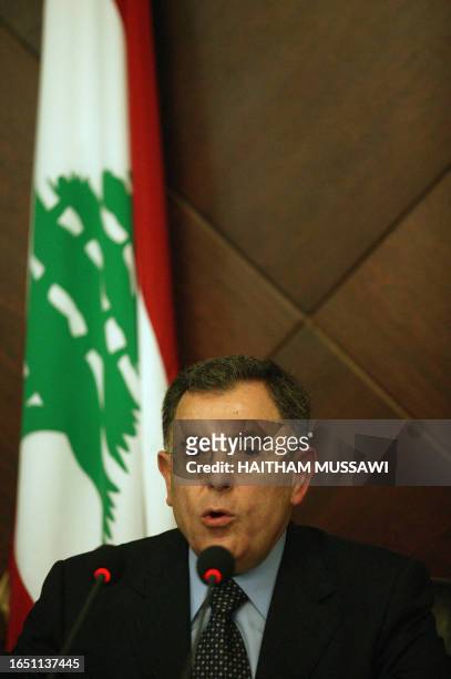 Lebanese Prime Minister Fuad Siniora holds a press conference 16 August 2006 in Beirut, after the cabinet announced the deployment of the Lebanese...