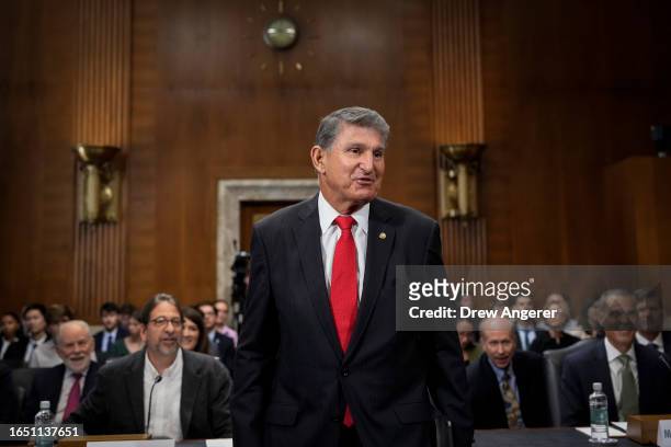 Committee chairman Sen. Joe Manchin arrives for a Senate Energy Committee hearing on Capitol Hill September 7, 2023 in Washington, DC. The hearing...