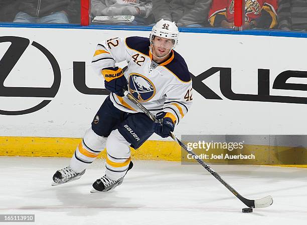 Nathan Gerbe of the Buffalo Sabres skates prior to the game against the Florida Panthers at the BB&T Center on March 28, 2013 in Sunrise, Florida....