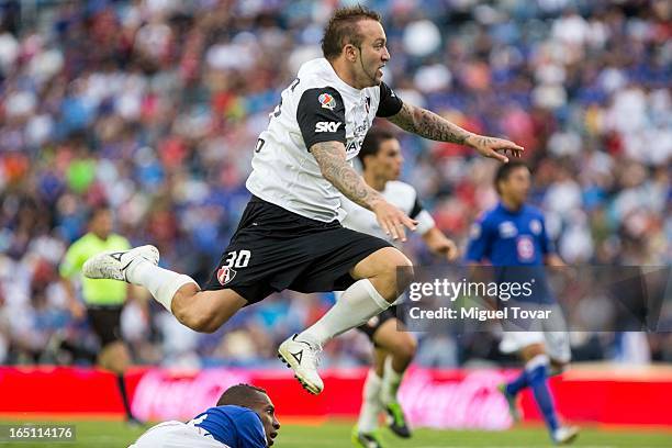 Matias Vuoso of Atlas looks on the goal as he scores during a match between Cruz Azul and Atlas as part of the Clausura 2013 at Azul Stadium on MArch...