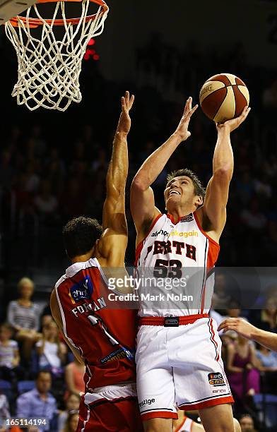 Damian Martin of the Wildcats drives to the basket during game two of the NBL Semi Final series between the Wollongong Hawks and the Perth Wildcats...