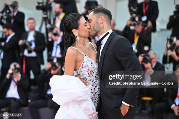 Giulia Salemi and Pierpaolo Petrelli attend a red carpet for the movie "Ferrari" at the 80th Venice International Film Festival on August 31, 2023 in...