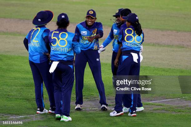 Inoka Ranaweera of Sri Lanka celebrates the wicket of Danni Wyatt during the 1st Vitality IT20 match between England and Sri Lanka at The 1st Central...