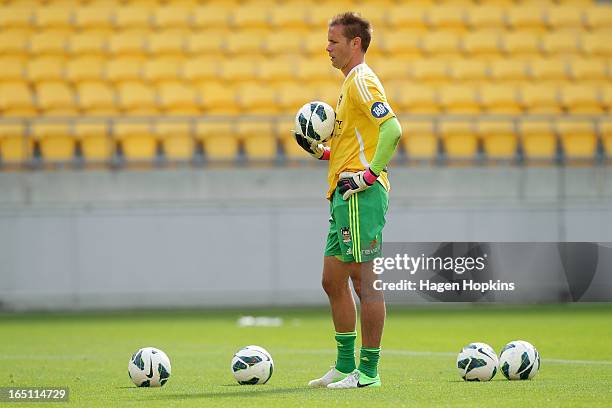 Mark Paston of the Phoenix looks on while warming up during the round 27 A-League match between the Wellington Phoenix the Melbourne Victory at...