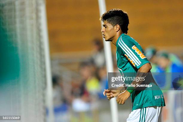 Leandro of Palmeiras celebrates a goal during the match between Palmeiras and Linense as part of Paulista Championship 2013 at Pacaembu Stadium on...