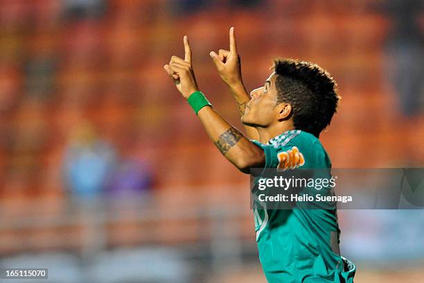 Leandro of Palmeiras celebrates a goal during the match between Palmeiras and Linense as part of Paulista Championship 2013 at Pacaembu Stadium on...