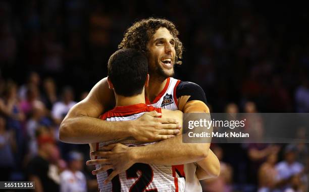 Matthew Knight of the Wildcats celebrates victory after game two of the NBL Semi Final series between the Wollongong Hawks and the Perth Wildcats at...