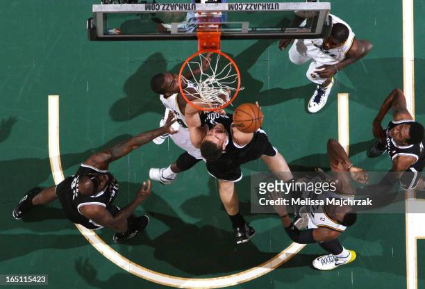 Kris Humphries of the Brooklyn Nets rebounds against the Utah Jazz at Energy Solutions Arena on March 30, 2013 in Salt Lake City, Utah. NOTE TO USER:...