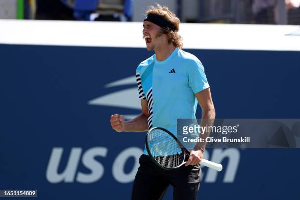 Alexander Zverev of Germany celebrates a point against Daniel Altmaier of Germany during their Men's Singles Second Round match on Day Four of the...