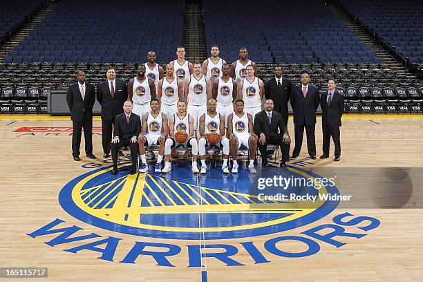 The Golden State Warriors pose for a team photo on March 30, 2012 at Oracle Arena in Oakland, California. Back Row: Carl Landry, Andris Biedrins,...