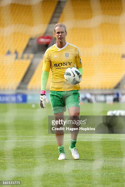 Mark Paston of the Phoenix looks on while warming up during the round 27 A-League match between the Wellington Phoenix the Melbourne Victory at...