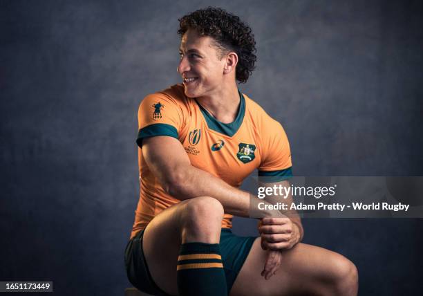 Mark Nawaqanitawase of Australia poses for a portrait during the Australia Rugby World Cup 2023 Squad photocall on August 30, 2023 in Saint-Etienne,...