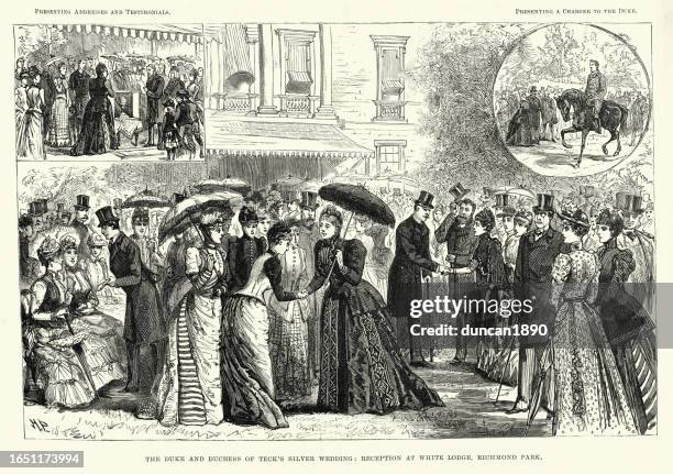 duke and duchesss of teck's silver wedding, reception at white lodge, richmond park, 1891, 19th century - wedding party stock illustrations