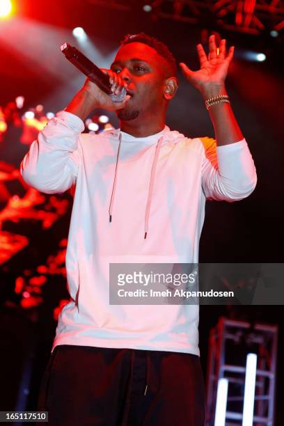 Rapper Kendrick Lamar performs onstage during the 2013 Paid Dues Independent Hip Hop Festival at San Manuel Amphitheater on March 30, 2013 in San...