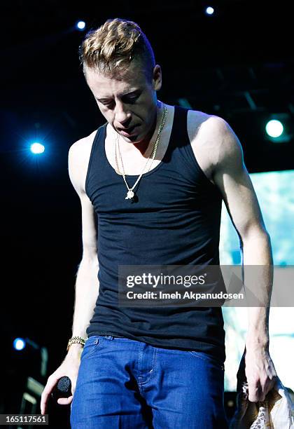 Rapper/musician Macklemore performs onstage during the 2013 Paid Dues Independent Hip Hop Festival at San Manuel Amphitheater on March 30, 2013 in...