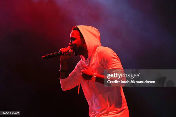 Rapper Kendrick Lamar performs onstage during the 2013 Paid Dues Independent Hip Hop Festival at San Manuel Amphitheater on March 30, 2013 in San...