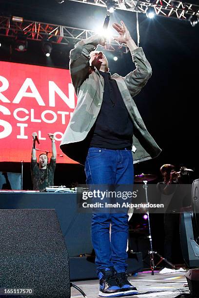 Rapper/musician Macklemore and musician Ryan Lewis perform onstage during the 2013 Paid Dues Independent Hip Hop Festival at San Manuel Amphitheater...