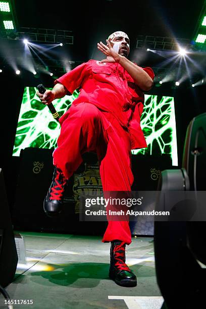 Rapper Tech N9ne performs onstage during the 2013 Paid Dues Independent Hip Hop Festival at San Manuel Amphitheater on March 30, 2013 in San...