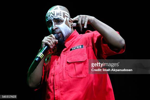 Rapper Tech N9ne performs onstage during the 2013 Paid Dues Independent Hip Hop Festival at San Manuel Amphitheater on March 30, 2013 in San...