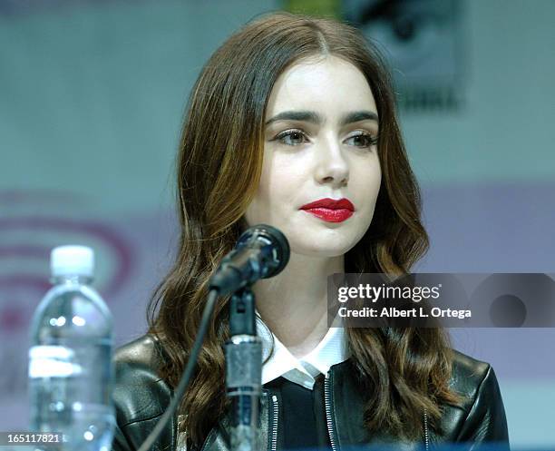 Actress Lily Collins promotes "Mortal Instruments: City Of Bones" on the Sony panel at WonderCon Anaheim 2013 - Day 2 at Anaheim Convention Center on...