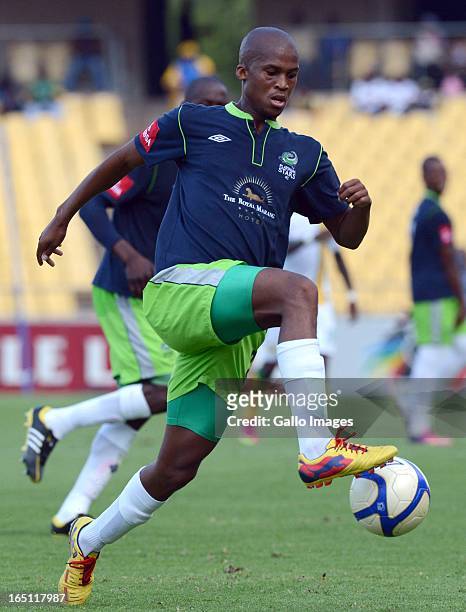 Tshepo Gumede of Platinum Stars controls the ball during the Absa Premiership match between Platinum Stars and Mamelodi Sundowns from Royal Bafokeng...