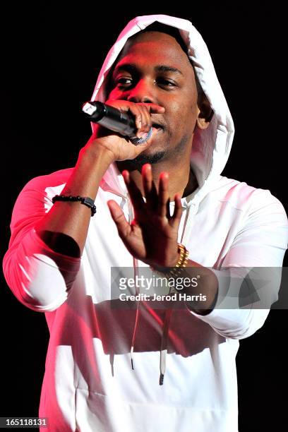 Kendrick Lamar performs at Paid Dues Independent Hip Hop Festival at San Manuel Amphitheater on March 30, 2013 in San Bernardino, California.