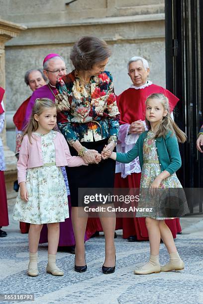 Princess Sofia of Spain, Queen Sofia of Spain and Princess Leonor of Spain attend Easter Mass at the Cathedral of Palma de Mallorca on March 31, 2013...