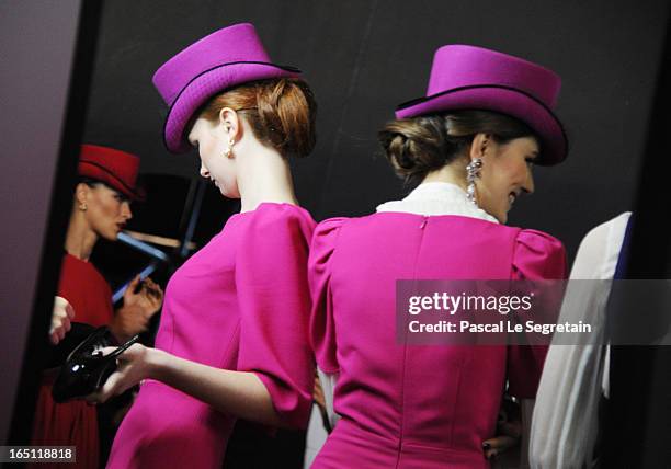 Models prepare backstage at the Mari Axel show during Mercedes-Benz Fashion Week Russia Fall/Winter 2013/2014 at Manege on March 31, 2013 in Moscow,...