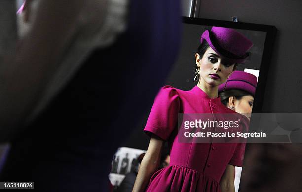 Models prepare backstage at the Mari Axel show during Mercedes-Benz Fashion Week Russia Fall/Winter 2013/2014 at Manege on March 31, 2013 in Moscow,...