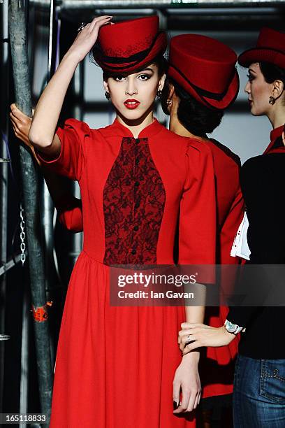 Model prepares to walk the runway at the Mari Axel show during Mercedes-Benz Fashion Week Russia Fall/Winter 2013/2014 at Manege on March 31, 2013 in...