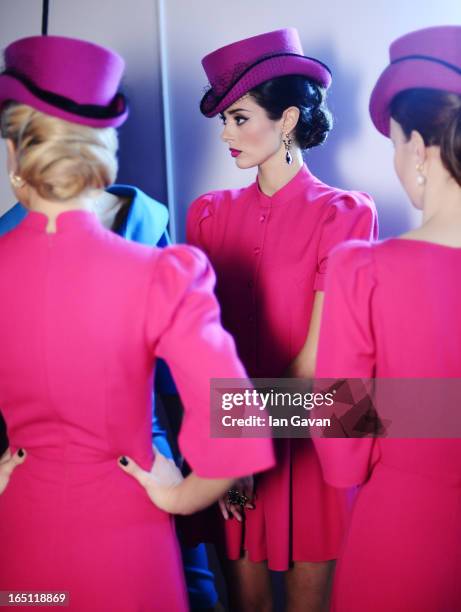 Models prepare backstage at the Mari Axel show during Mercedes-Benz Fashion Week Russia Fall/Winter 2013/2014 at Manege on March 31, 2013 in Moscow,...