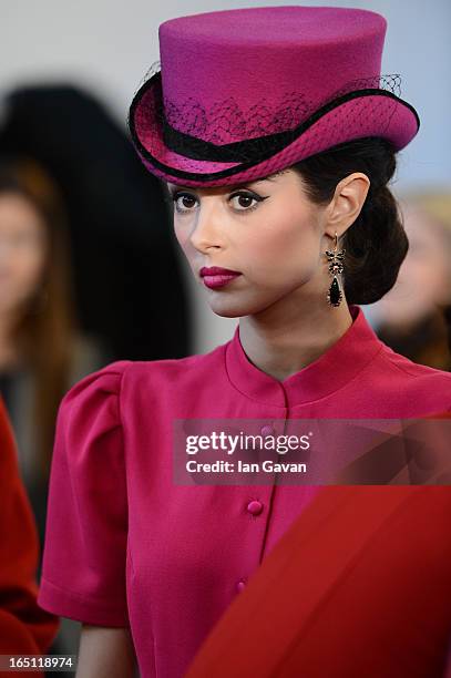 Model prepares backstage at the Mari Axel show during Mercedes-Benz Fashion Week Russia Fall/Winter 2013/2014 at Manege on March 31, 2013 in Moscow,...