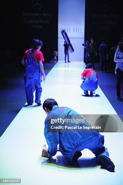 General view of backstage at the Mari Axel show during Mercedes-Benz Fashion Week Russia Fall/Winter 2013/2014 at Manege on March 31, 2013 in Moscow,...