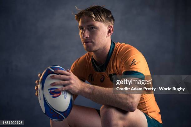 Tate McDermott of Australia poses for a portrait during the Australia Rugby World Cup 2023 Squad photocall on August 30, 2023 in Saint-Etienne,...