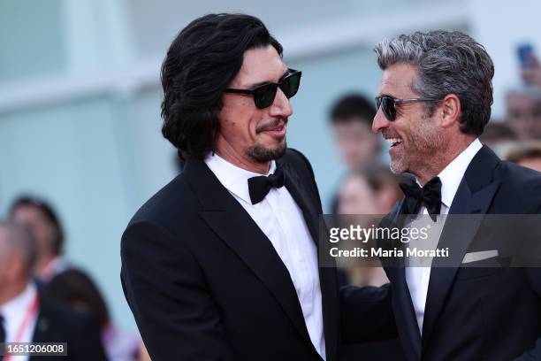 Adam Driver and Patrick Dempsey attends a red carpet for the movie "Ferrari" at the 80th Venice International Film Festival on August 31, 2023 in...