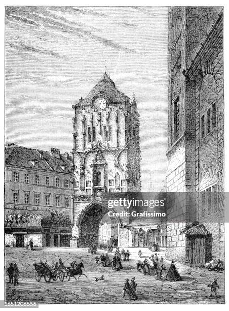 powder tower in prague czech republic 1867 - staromestske namesti stock illustrations