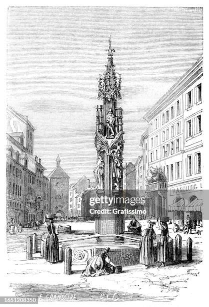 freiburg im breisgau fish fountain 1867 - freiburg skyline stock illustrations