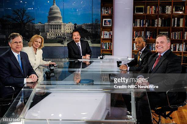 Pictured: – Pete Williams, NBC News Justice Correspondent, Peggy Noonan, Columnist, The Wall Street Journal, moderator Chuck Todd, Rev. Al Sharpton,...