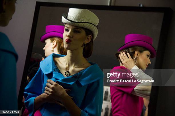 Model prepares backstage at the Mari Axel show during Mercedes-Benz Fashion Week Russia Fall/Winter 2013/2014 at Manege on March 31, 2013 in Moscow,...