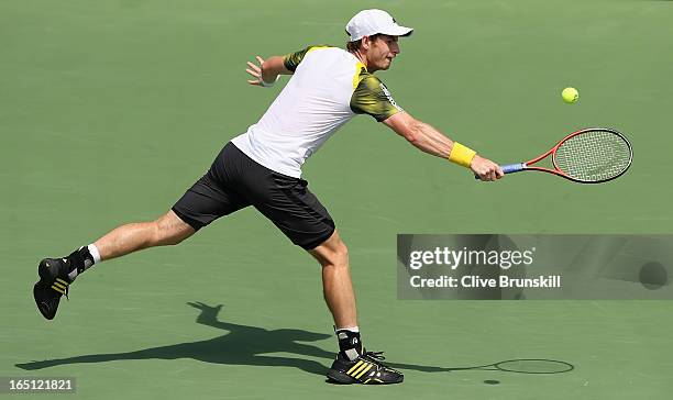 Andy Murray of Great Britain stretches to play a backhand against David Ferrer of Spain during their final match at the Sony Open at Crandon Park...
