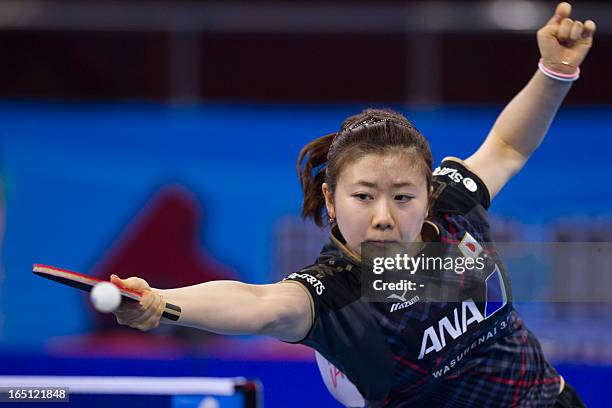 Fukuhara Ai of Japan returns a shot during her final match against Li Xiaoxia of China at the World Team Classic Table Tennis games in Guangzhou,...