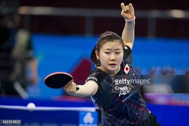 Fukuhara Ai of Japan returns a shot during her final match against Li Xiaoxia of China at the World Team Classic Table Tennis games in Guangzhou,...