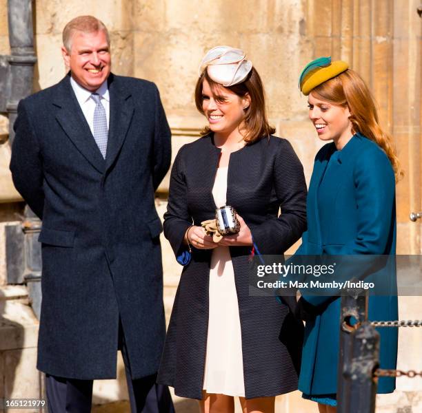 Prince Andrew, Duke of York, Princess Eugenie and Princess Beatrice attend the Easter Matins Church Service at St George's Chapel, Windsor Castle on...