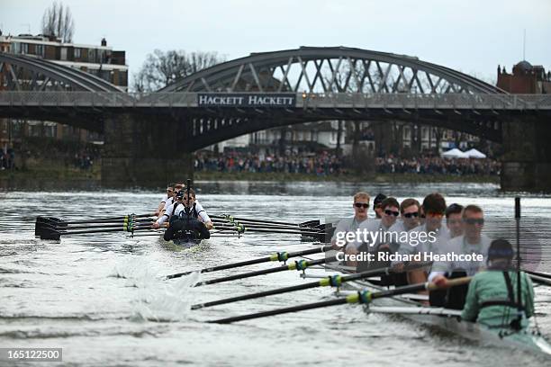 The Oxford crew leads from Cambridge during the BNY Mellon 159th Oxford versus Cambridge University Boat Race on The River Thames on March 31, 2013...