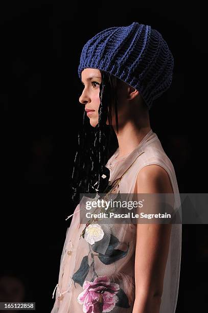 Model walks the runway at the Tatyana Parfionova show during Mercedes-Benz Fashion Week Russia Fall/Winter 2013/2014 at Manege on March 31, 2013 in...