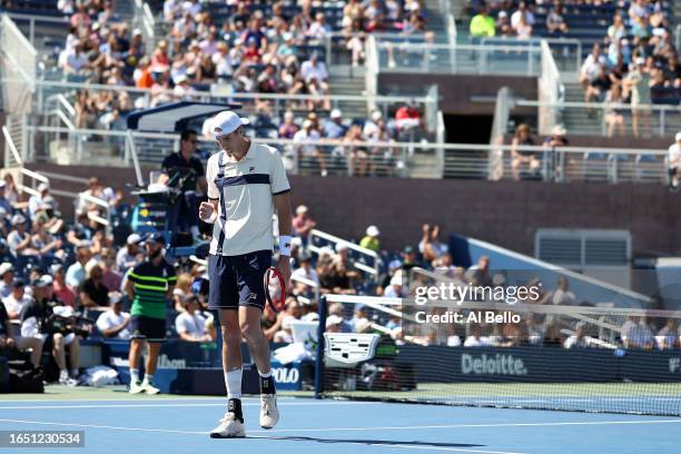 John Isner of the United States reacts in a final career match against Michael Mmoh of the United States during their Men's Singles Second Round...
